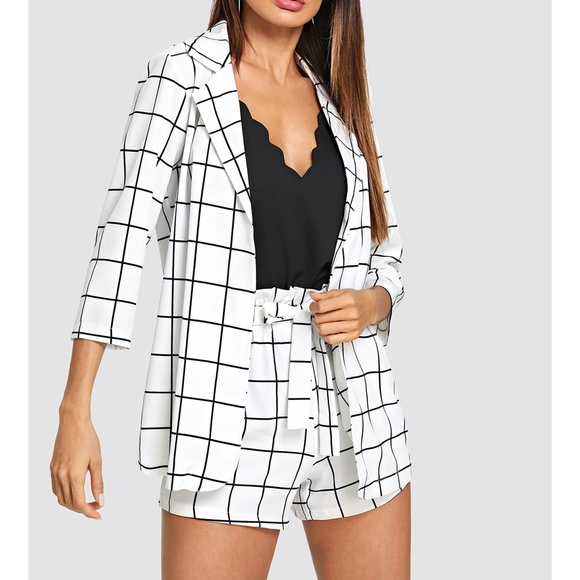 White Black Plaid Blazer and Bow Shorts Coord Set - Picture 4 of 5